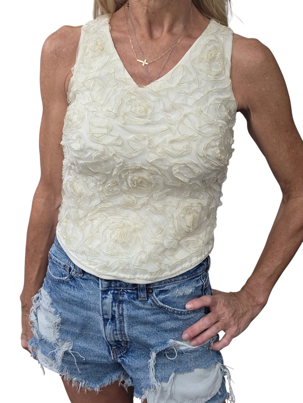 Structure Ivory 3D Rosette Floral Mesh V Neck Sleeveless Top